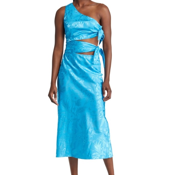 NWOT Wayf Untouchable Floral Jacquard Cutout One-Shoulder Dress in Aqua Size XS - Picture 1 of 10